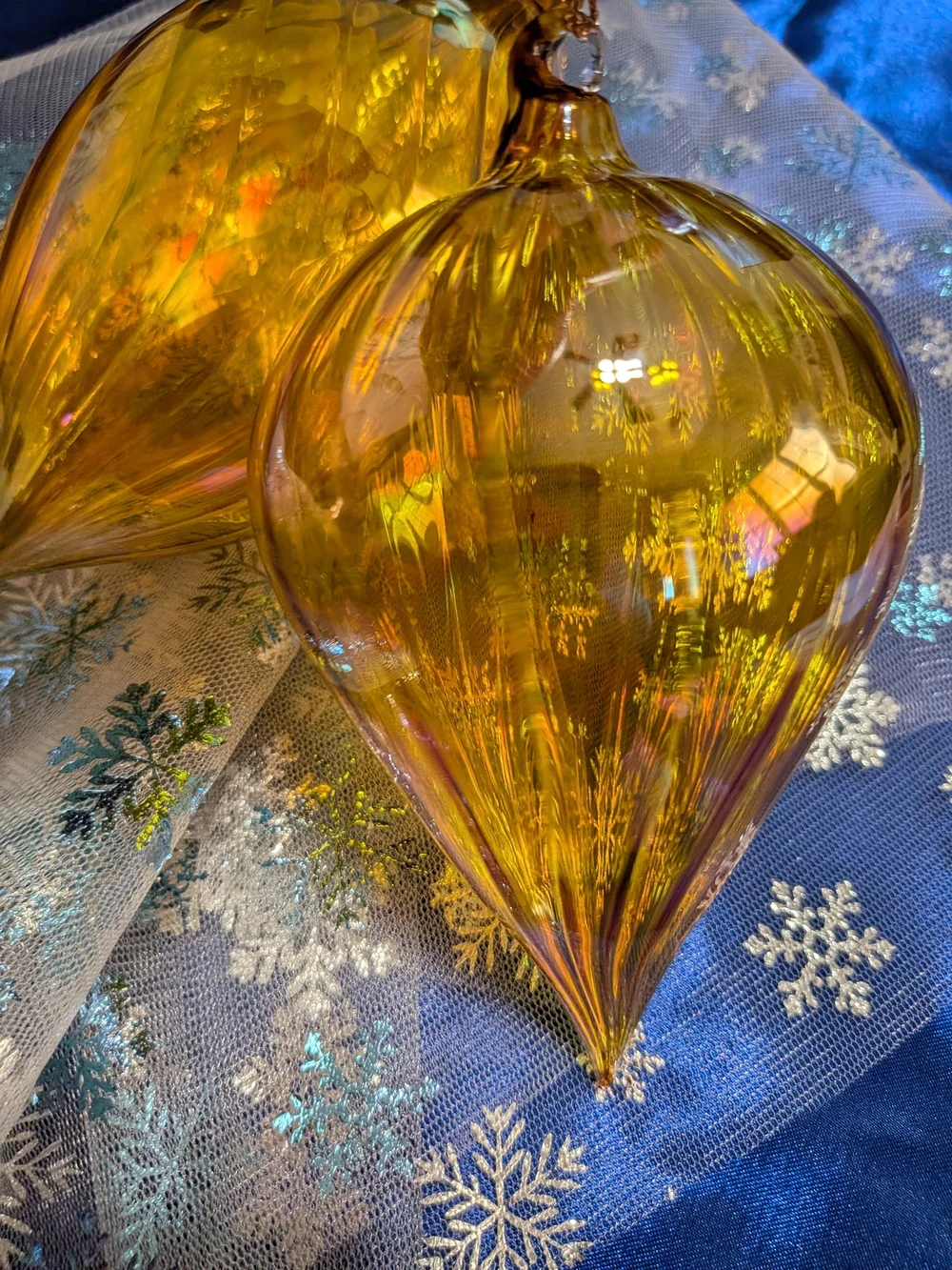 Large Amber Iridescent Art Glass Teardrop Ornament Set Of 2  6-7